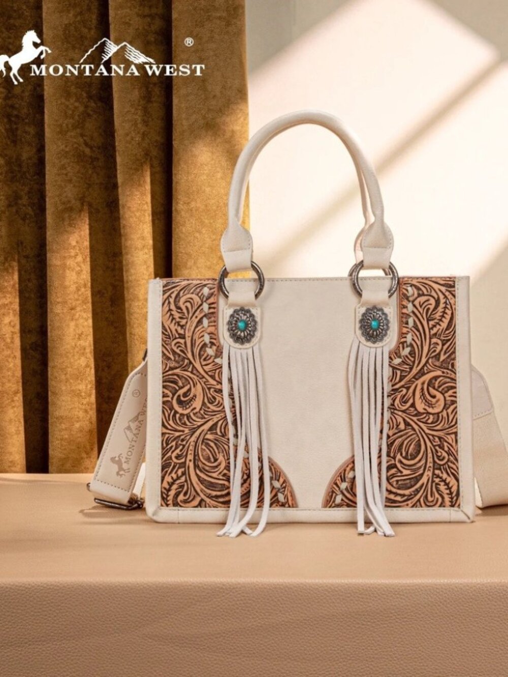 Montana West Tooled Concho Tote/Crossbody -Beige